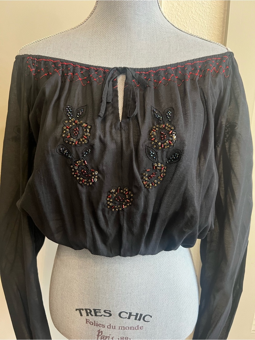 Rampage Black Off-Shoulder Beaded Peasant Blouse with Red Embroidered Stitching